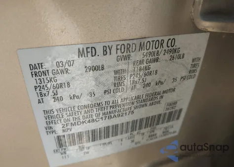 2007 Ford Edge Sel из США, поврежденный, VIN 2FMDK48C17BA92175